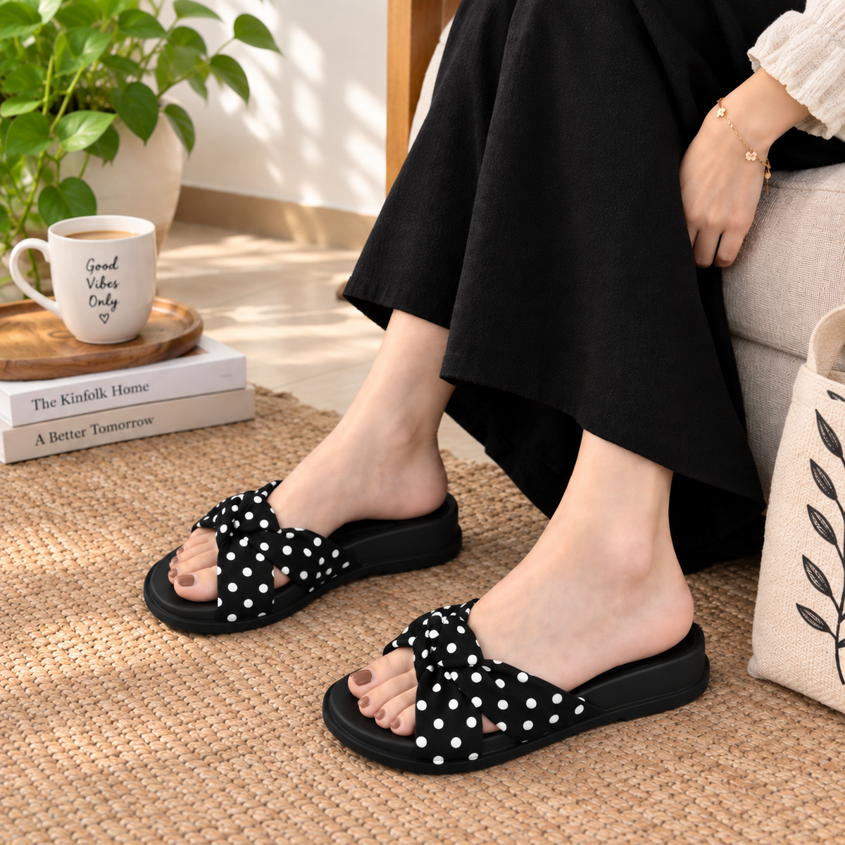 Polka Dot Twisted Cross-Strap Comfort Slides