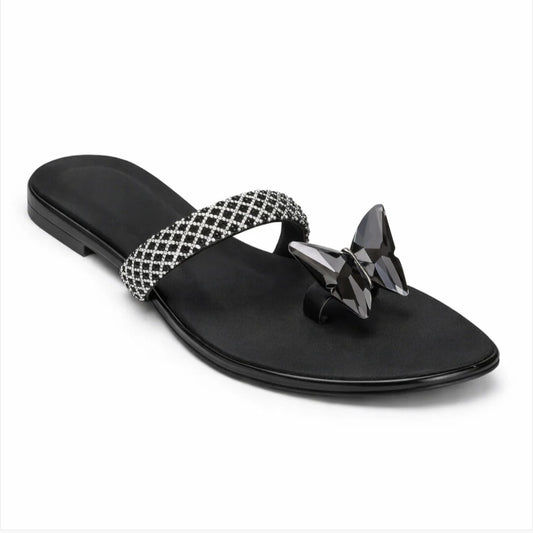 3D Butterfly Embellished Fashion Flats - Jet Black