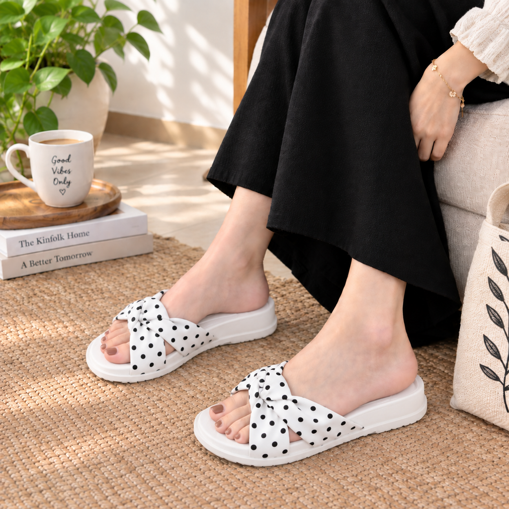 Polka Dot Twisted Cross-Strap Comfort Slides