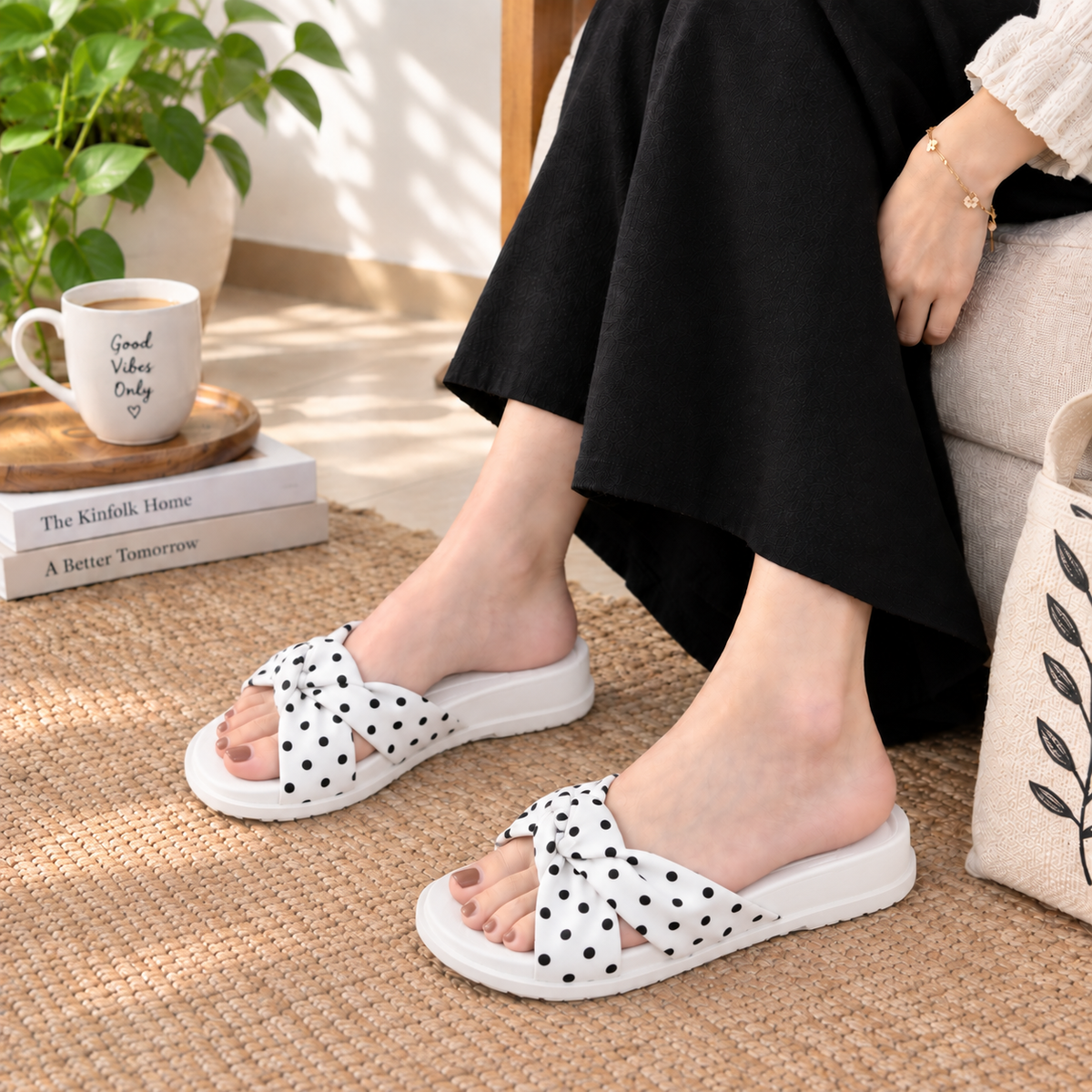 Polka Dot Twisted Cross-Strap Comfort Slides