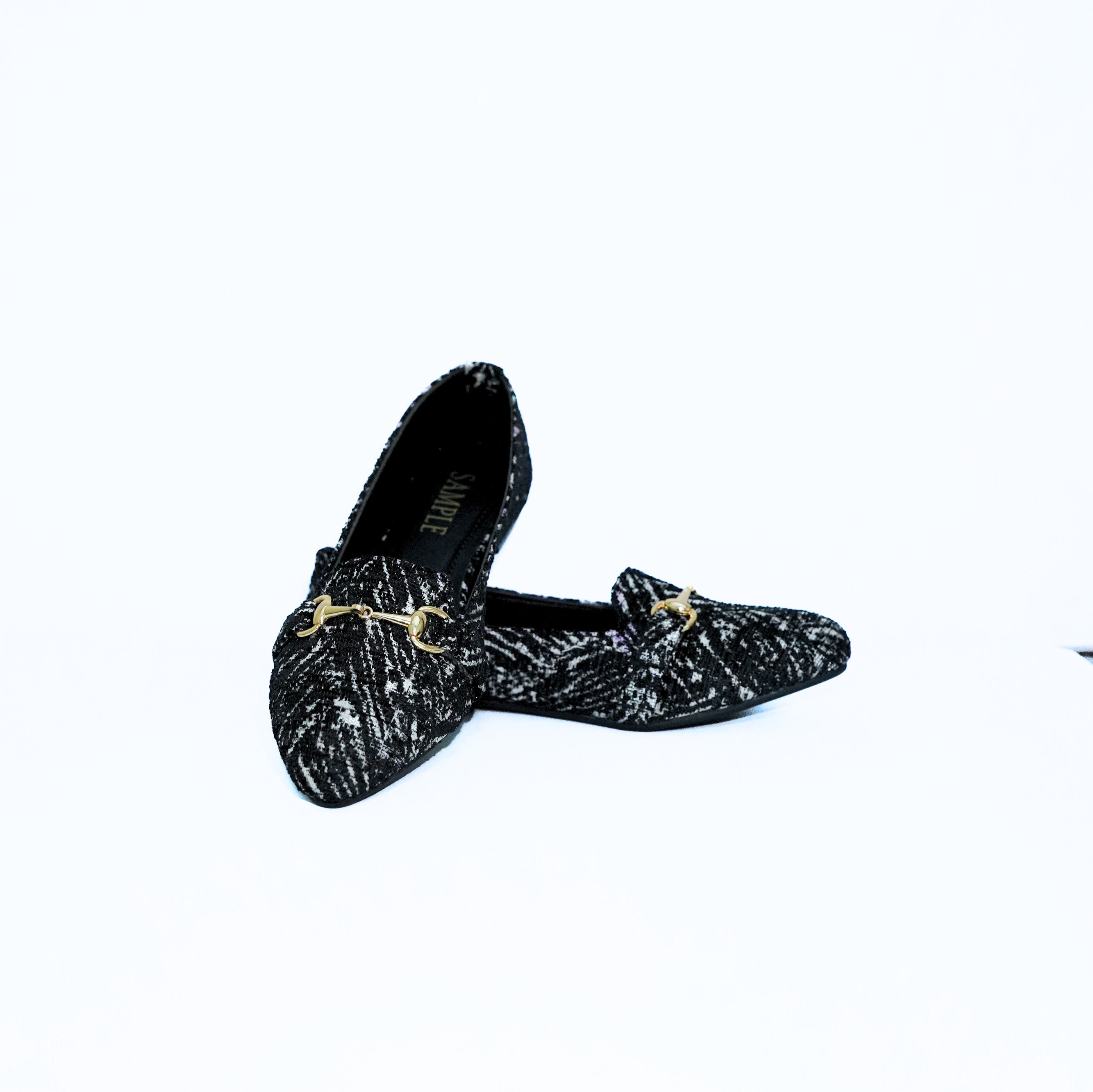 Monochrome Buckle Tweed Loafers black