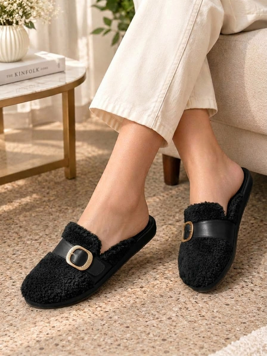 Cozy Buckle Fleece Mules