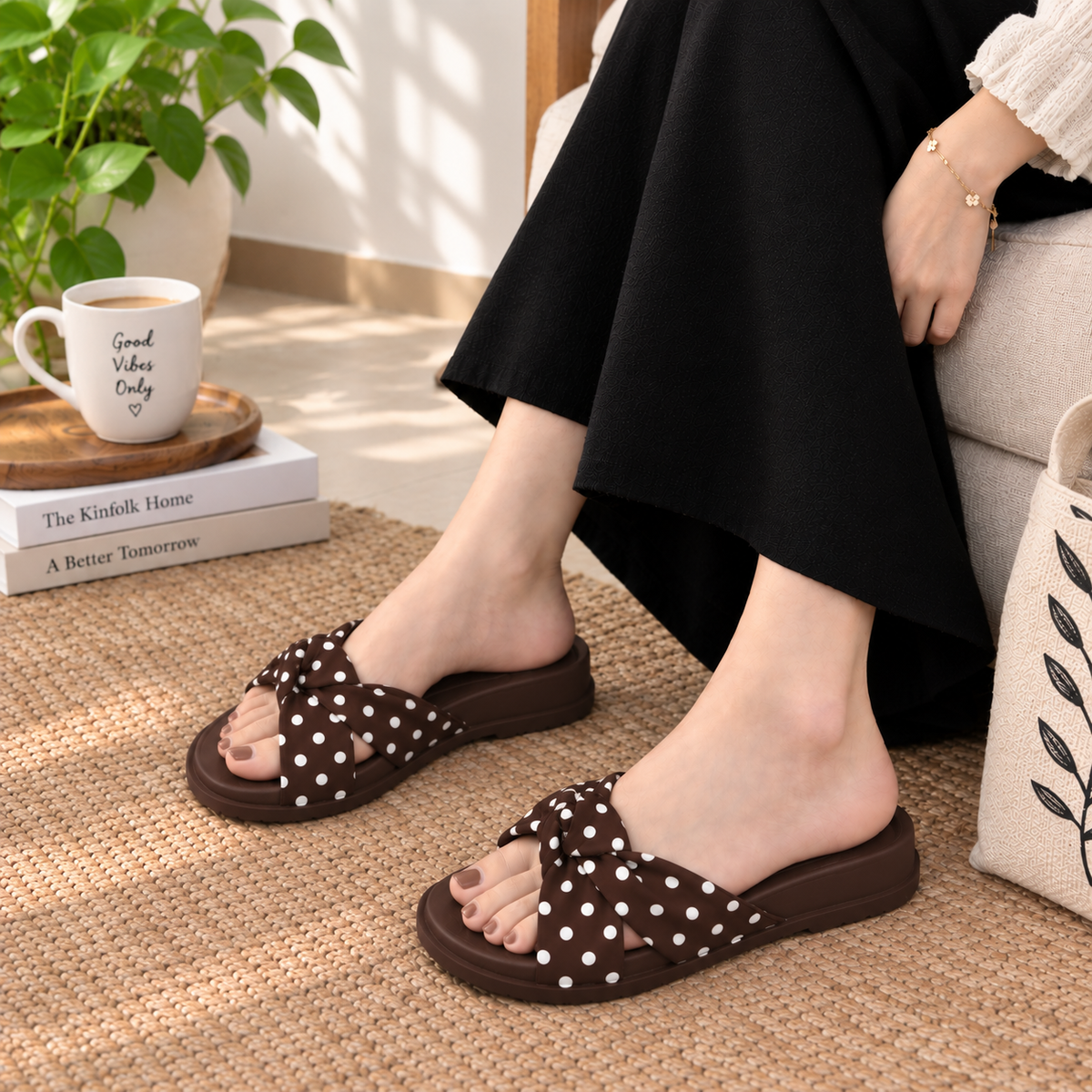 Polka Dot Twisted Cross-Strap Comfort Slides