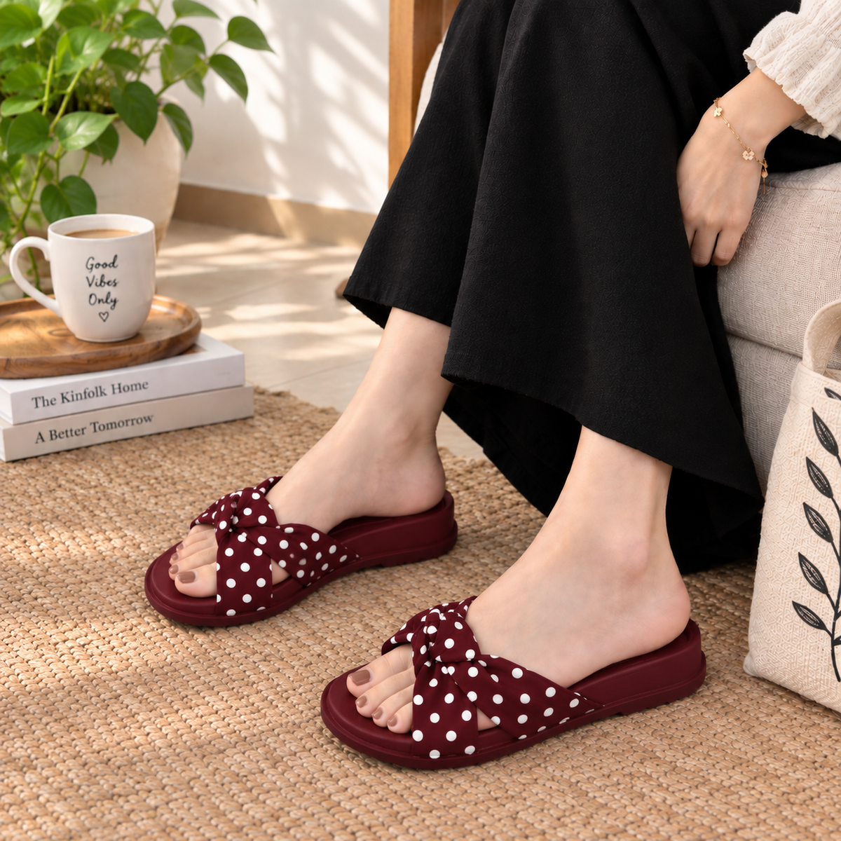 Polka Dot Twisted Cross-Strap Comfort Slides
